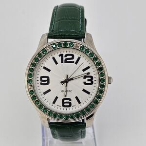 40MM Women's Watch White Dial Green Crystal Bezel Leather Bands New Battery